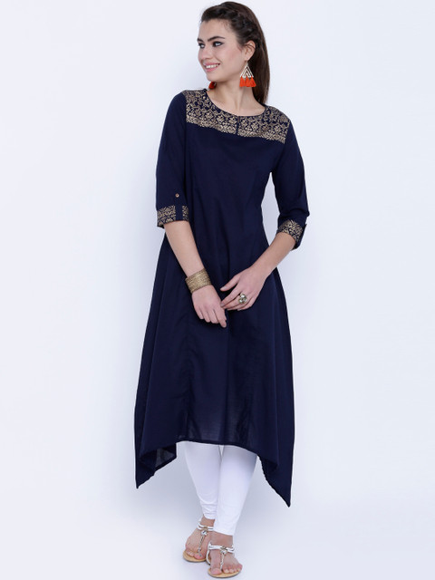 

Vishudh Women Navy Yoke Design A-Line Kurta, Navy blue