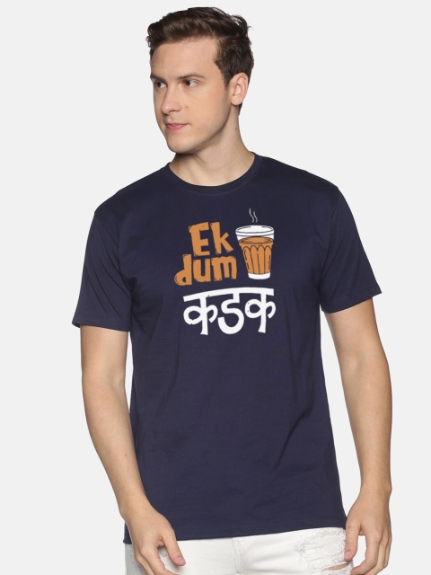

BLACK RADIO Men Navy Blue & Orange Typography Printed Cotton T-shirt