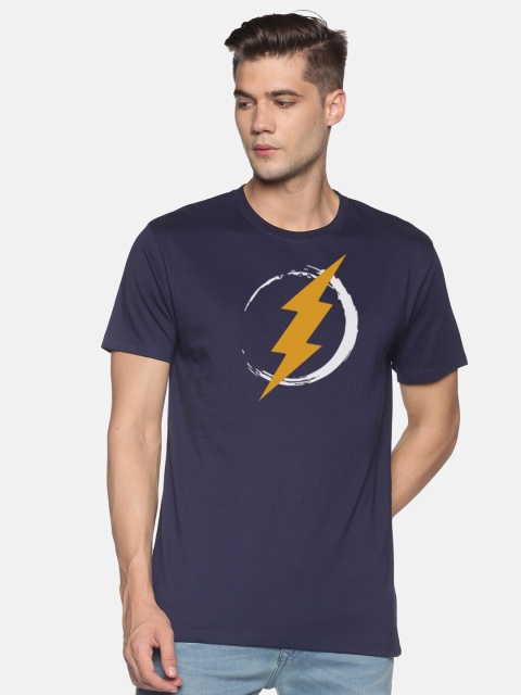 

BLACK RADIO Men Navy Blue & Mustard Yellow Flash Printed Cotton T-shirt