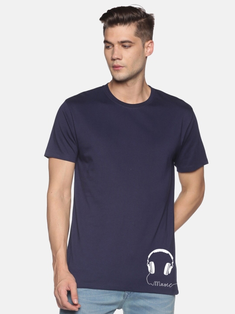 

BLACK RADIO Men Navy Blue & White Printed Pure Cotton T-shirt