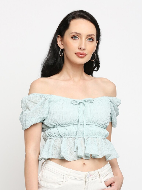 

LYKKEIN Turquoise Blue & Off White Checked Off-Shoulder Ruffles Bardot Crop Top