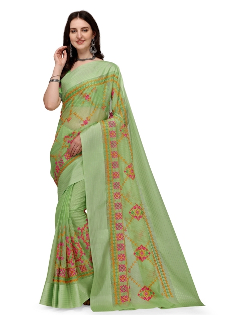 

Iris Green & Pink Embellished Embroidered Net Chanderi Saree