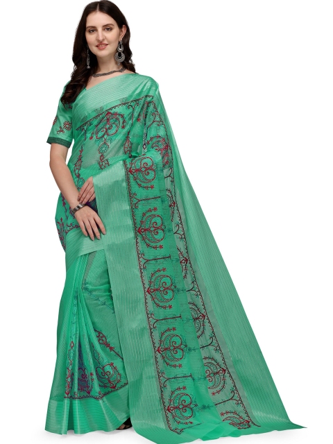 

Iris Teal Embellished Embroidered Net Chanderi Saree