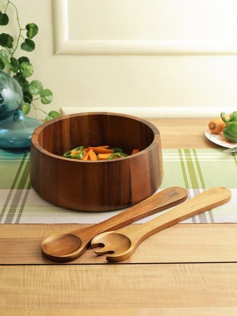 

Billi Brown Solid Wooden Serving Bowl With 2 Servers