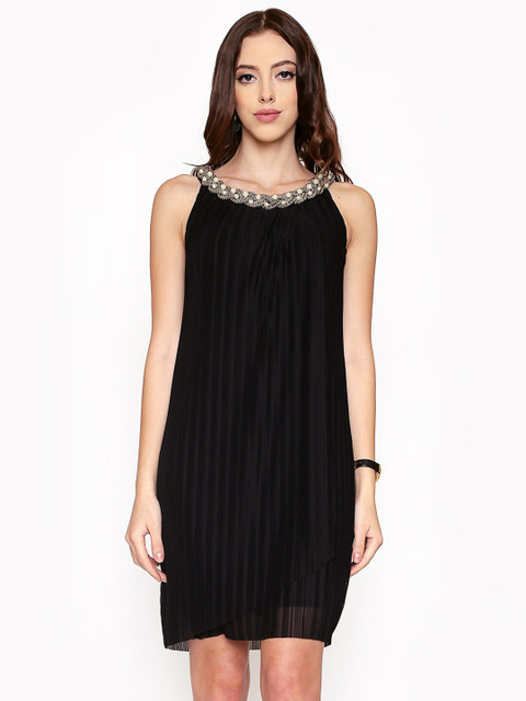 

250 DESIGNS Women Black Embellished Halter Neck Chiffon Bodycon Dress