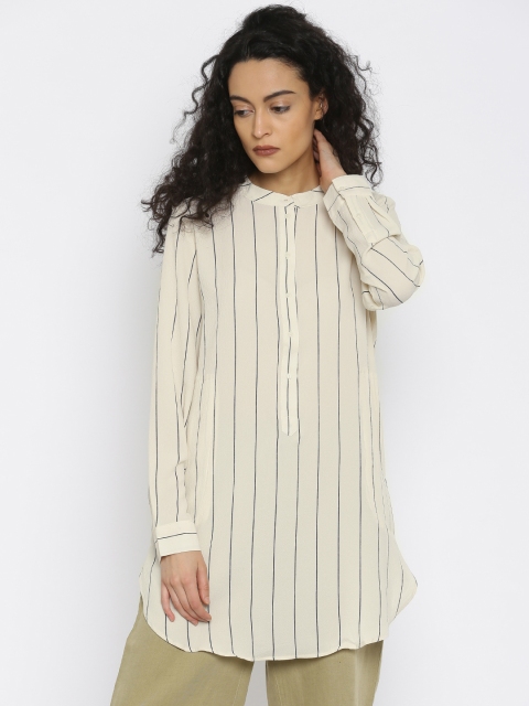 

ONLY Women Cream Striped Longline Shirt-Style Top
