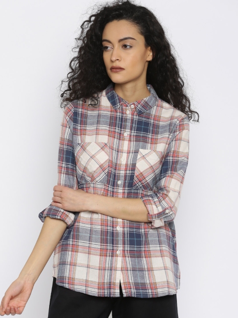 

ONLY Women Cream & Blue Regular Fit Checked Casual Shirt