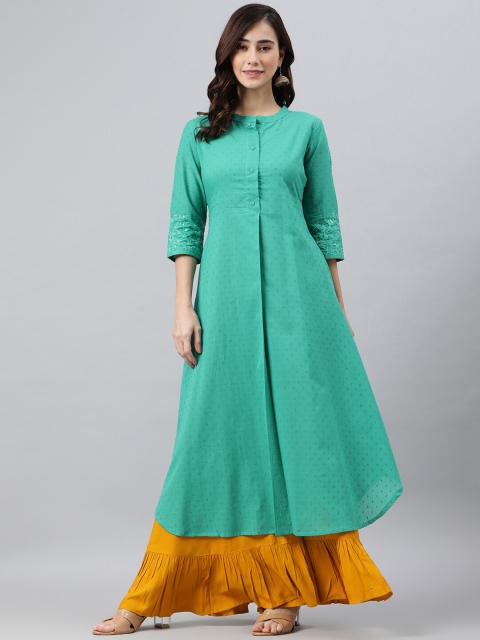 

Janasya Women Sea Green Self Design Pure Cotton Kurta