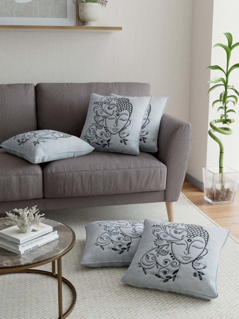 

JAIPUR FABRIC Silver-Toned & Black Set of 5 Ethnic Motifs Satin Square Cushion Covers