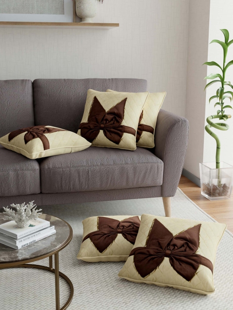 

JAIPUR FABRIC Brown & Cream-Coloured Set of 5 Checked Bow Tie Square Cushion Covers