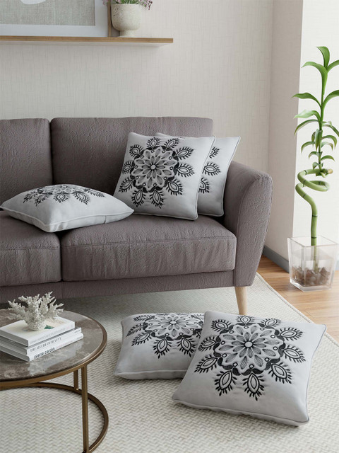 

JAIPUR FABRIC Grey & Black Set of 5 Ethnic Motifs Square Cushion Covers