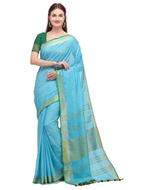 

Iris Turquoise Blue & Gold-Toned Solid Zari Saree