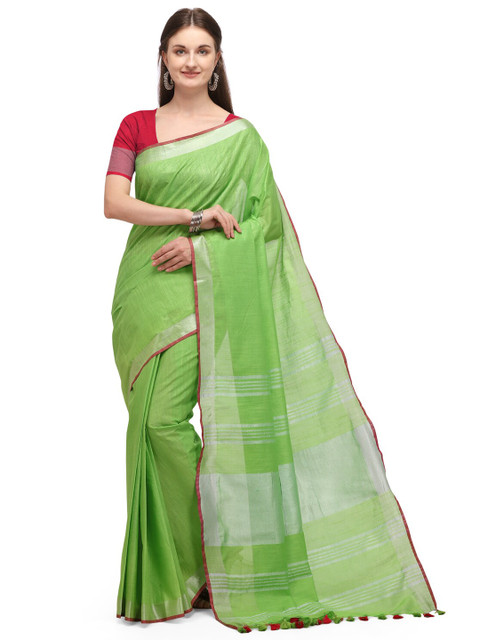 

Iris Lime Green & Silver-Toned Striped Saree