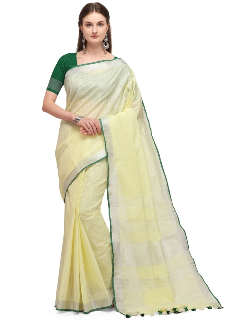 

Iris Cream-Coloured & Green Cotton-Blend Zari Saree