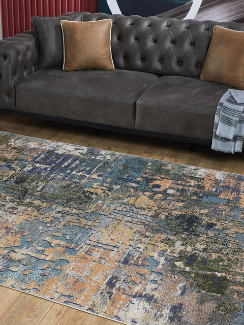 

OBSESSIONS Teal Blue & Rust-coloured Polypropylene Abstract Carpet