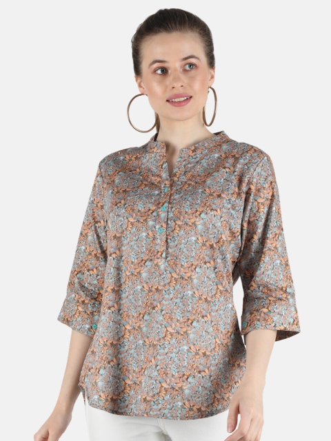 

Monte Carlo Women Brown Floral Print Mandarin Collar Top