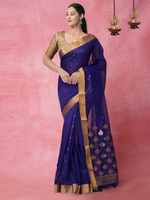 

Unnati Silks Navy Blue & Gold-Toned Woven Design Zari Silk Cotton Chanderi Saree