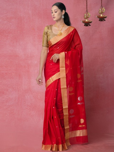 

Unnati Silks Red & Gold-Toned Woven Design Zari Silk Cotton Chanderi Saree