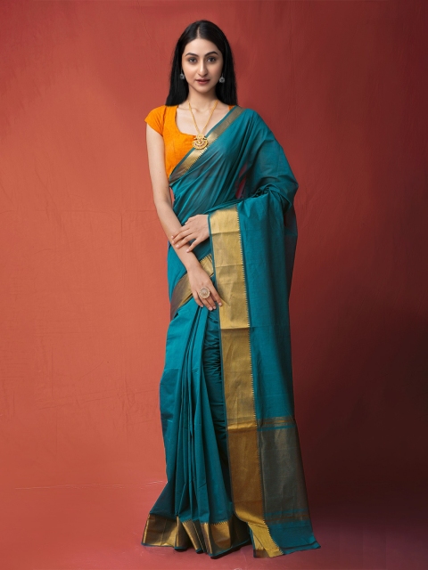 

Unnati Silks Teal & Gold-Toned Zari Pure Cotton Mangalagiri Saree