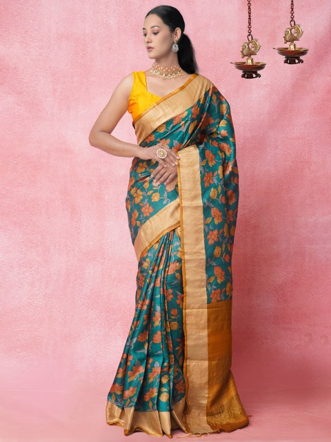 

Unnati Silks Sea Green & Mustard Floral Handloom Pure Silk Tussar Saree