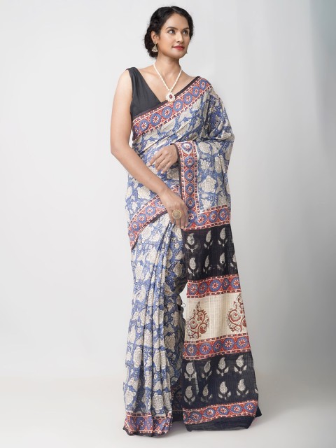 

Unnati Silks Blue & Red Floral Pure Cotton Bagru Saree