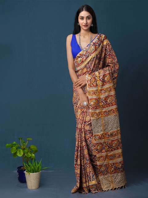 

Unnati Silks Red & Blue Kalamkari Pure Silk Block Print Saree