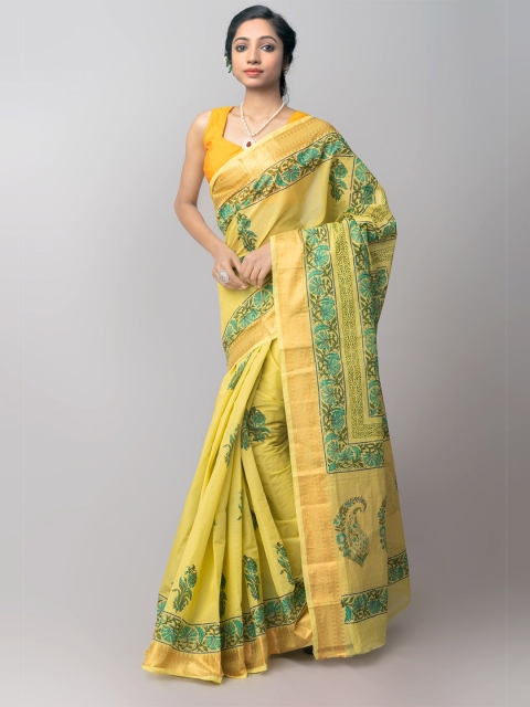 

Unnati Silks Yellow & Green Paisley Pure Cotton Mangalagiri Saree