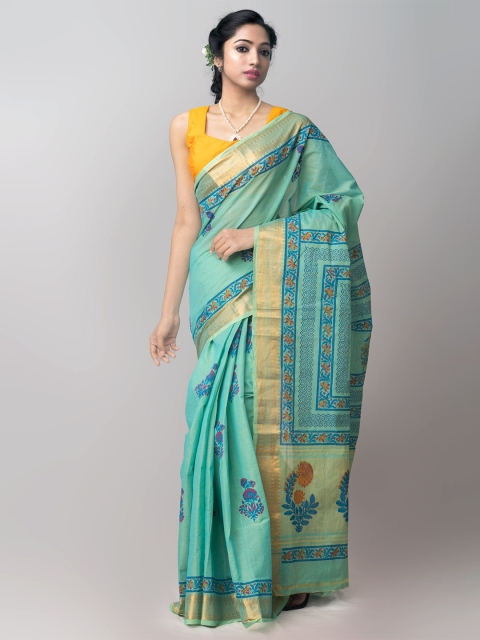 

Unnati Silks Sea Green Ethnic Motifs Zari Pure Cotton Mangalagiri Saree