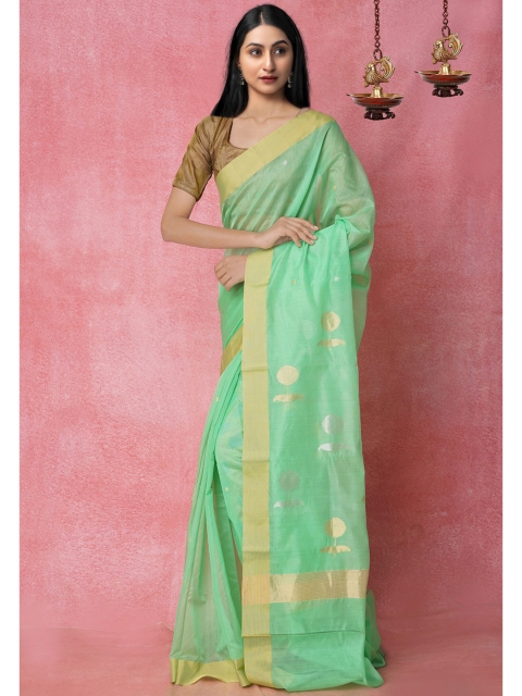 

Unnati Silks Green & Golden Ethnic Motifs Zari Handloom Silk Cotton Chanderi Saree