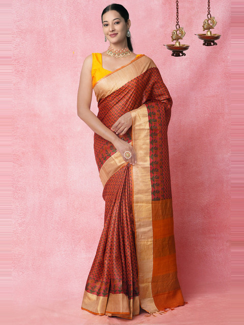 

Unnati Silks Red & Green Floral Zari Pure Silk Tussar Saree