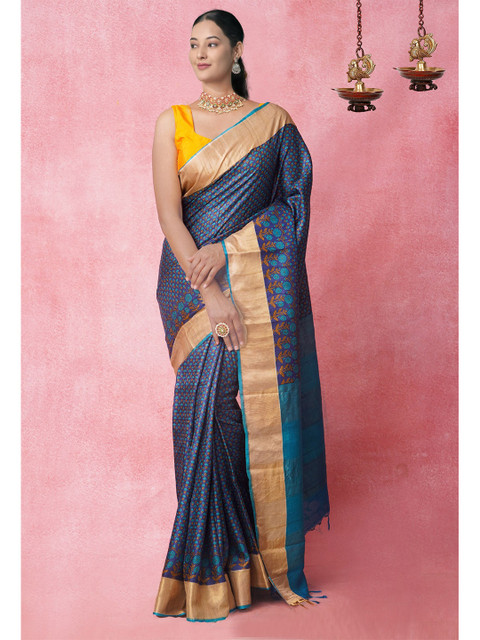 

Unnati Silks Navy Blue & Beige Ethnic Motifs Zari Pure Silk Tussar Saree