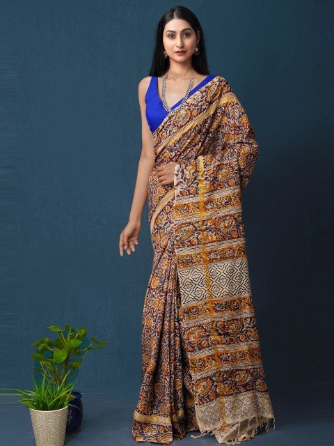 

Unnati Silks Multicoloured Kalamkari Block Printed Pure Silk Saree, Multi