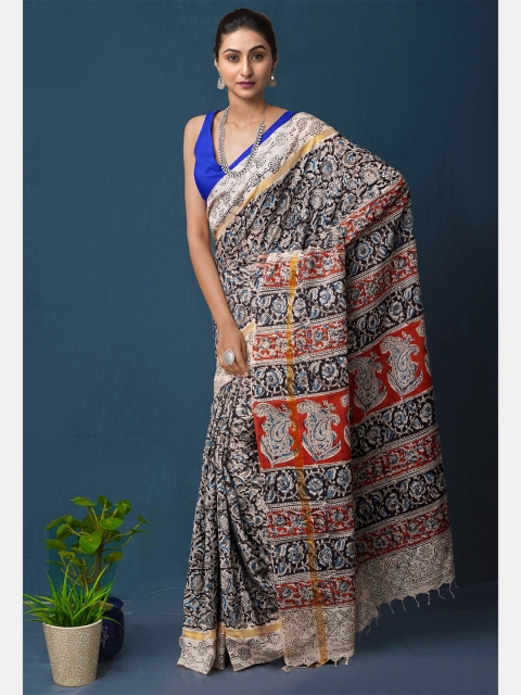 

Unnati Silks Black & White Kalamkari Pure Silk Block Print Saree