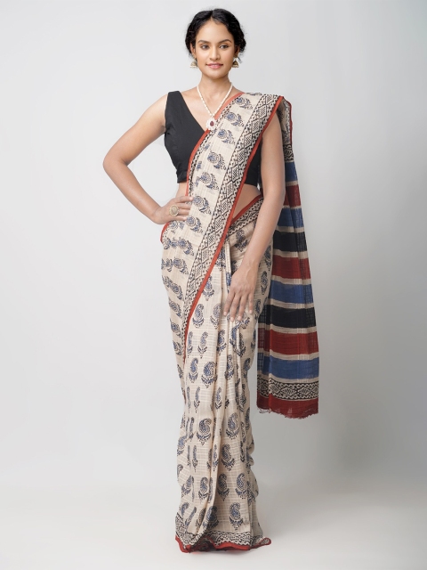 

Unnati Silks Beige & Red Tie and Dye Pure Cotton Bagru Saree