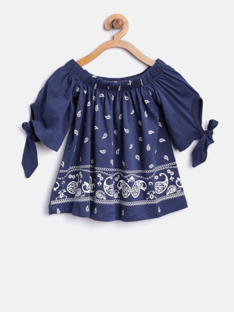 

YK Girls Navy Printed Bardot Pure Cotton Top, Navy blue