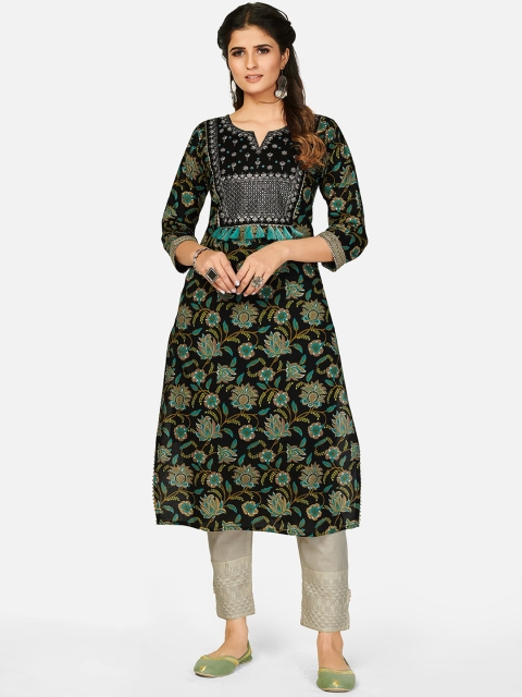 

KALINI Women Black Ethnic Motifs Printed Keyhole Neck Flared Sleeves Mirror Work Kurta