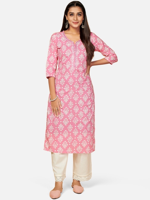 

KALINI Women Pink Ethnic Motifs Printed Mirror Work Kurta