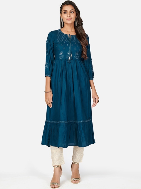 

KALINI Women Blue Ethnic Motifs Embroidered Thread Work Anarkali Kurta