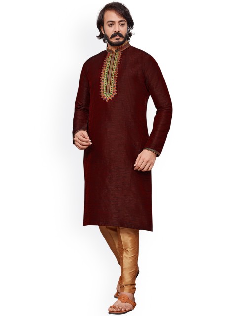 

MENGARY Men Maroon Flared Sleeves Thread Work Kurta