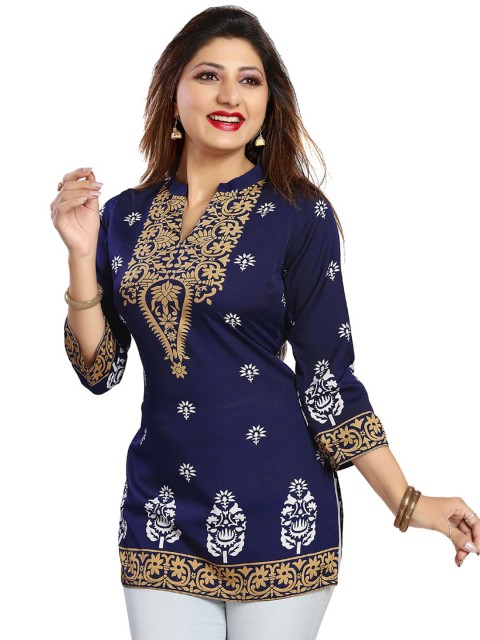 

Saree Swarg Women Blue Mandarin Collar Printed Tunic