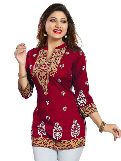 

Saree Swarg Women Red Mandarin Collar Printed Tunic