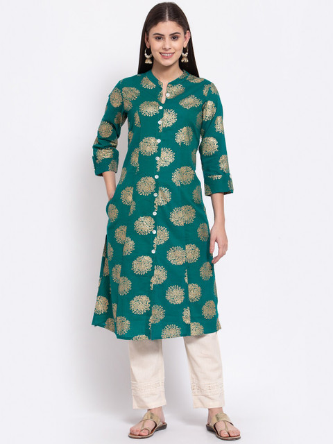 

ArtiZenWeaves Women Green Ethnic Motifs Printed Thread Work Cotton Kurta