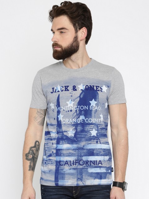 

Jack & Jones Men Grey Melange & Blue Printed Round Neck T-shirt