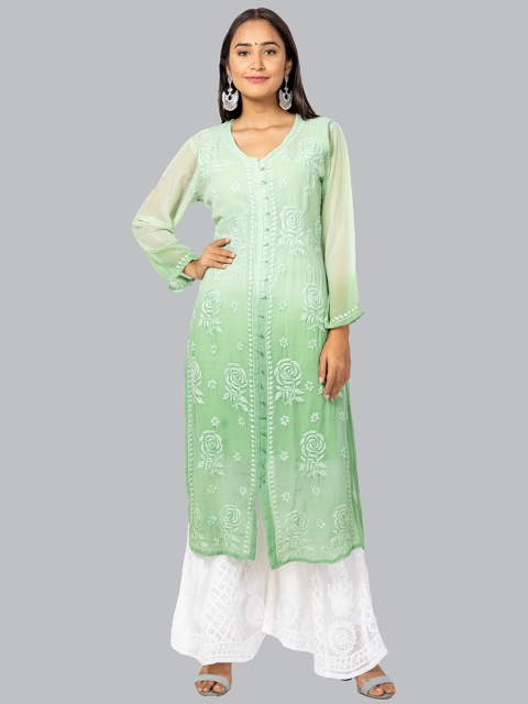 

FAWOMENT Women Green Floral Embroidered Chikankari Georgette Kurta
