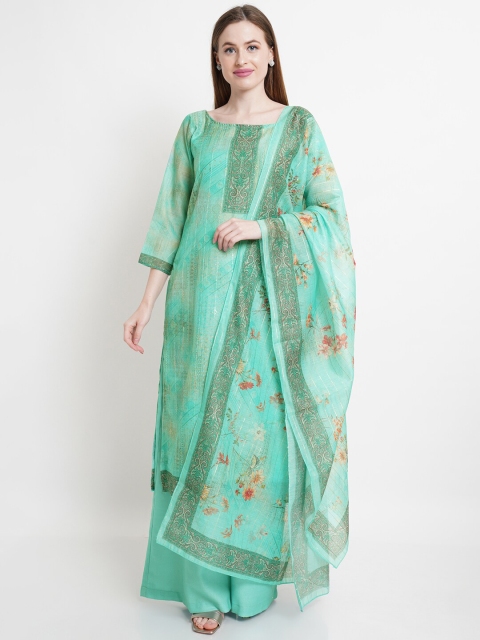 

Stylee LIFESTYLE Green & Peach-Coloured Printed Chanderi Silk Unstitched Dress Material
