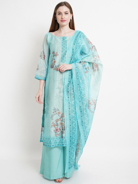 

Stylee LIFESTYLE Turquoise Blue & Pink Printed Unstitched Dress Material