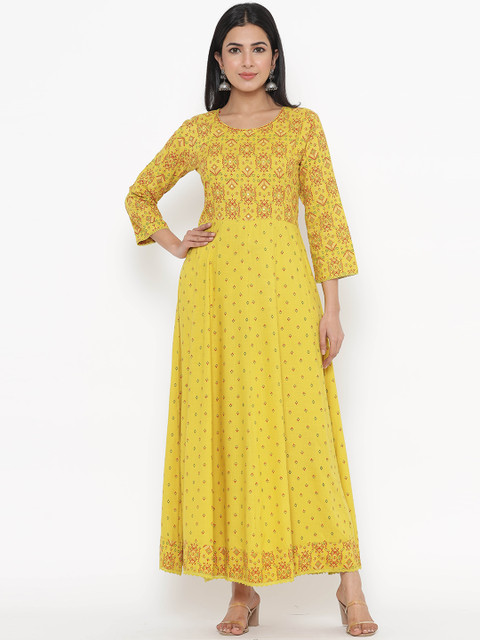 

JAVTA Women Yellow Ethnic Motifs Printed Extended Sleeves Anarkali Kurta