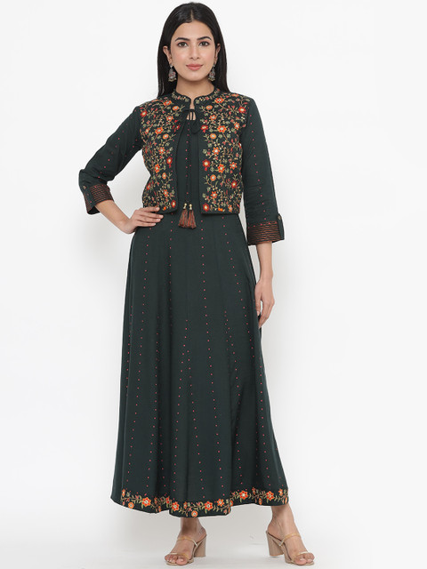

JAVTA Women Green Ethnic Motifs Embroidered Anarkali Kurta