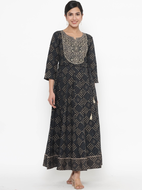

JAVTA Women Black Ethnic Motifs Embroidered Ethnic Cotton Maxi Dress