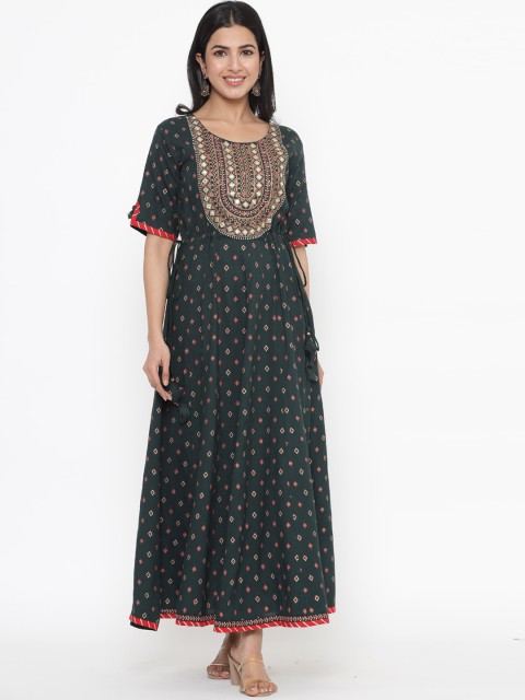 

JAVTA Women Green Ethnic Motifs Printed Thread Work Anarkali Kurta